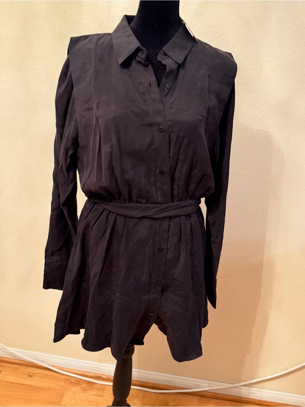 Zara Black Long-Sleeve Shirt Dress with Waist Tie